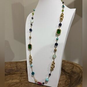 Carolee Long Coloful Chain Link Necklace - Gold Tone
